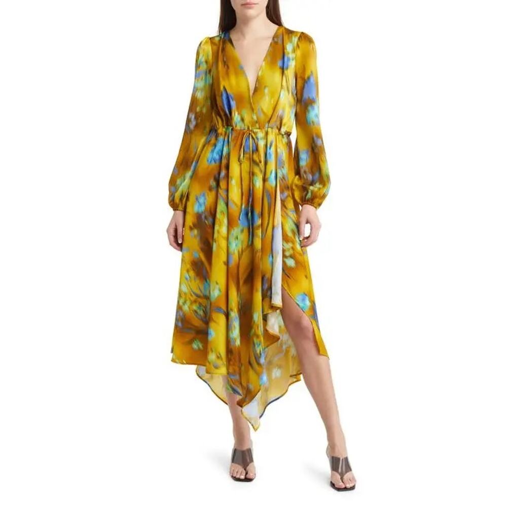Topshop Abstract Gold Floral Cut Out Asymmetric Satin Midi Dress 8 NWT Plunge
